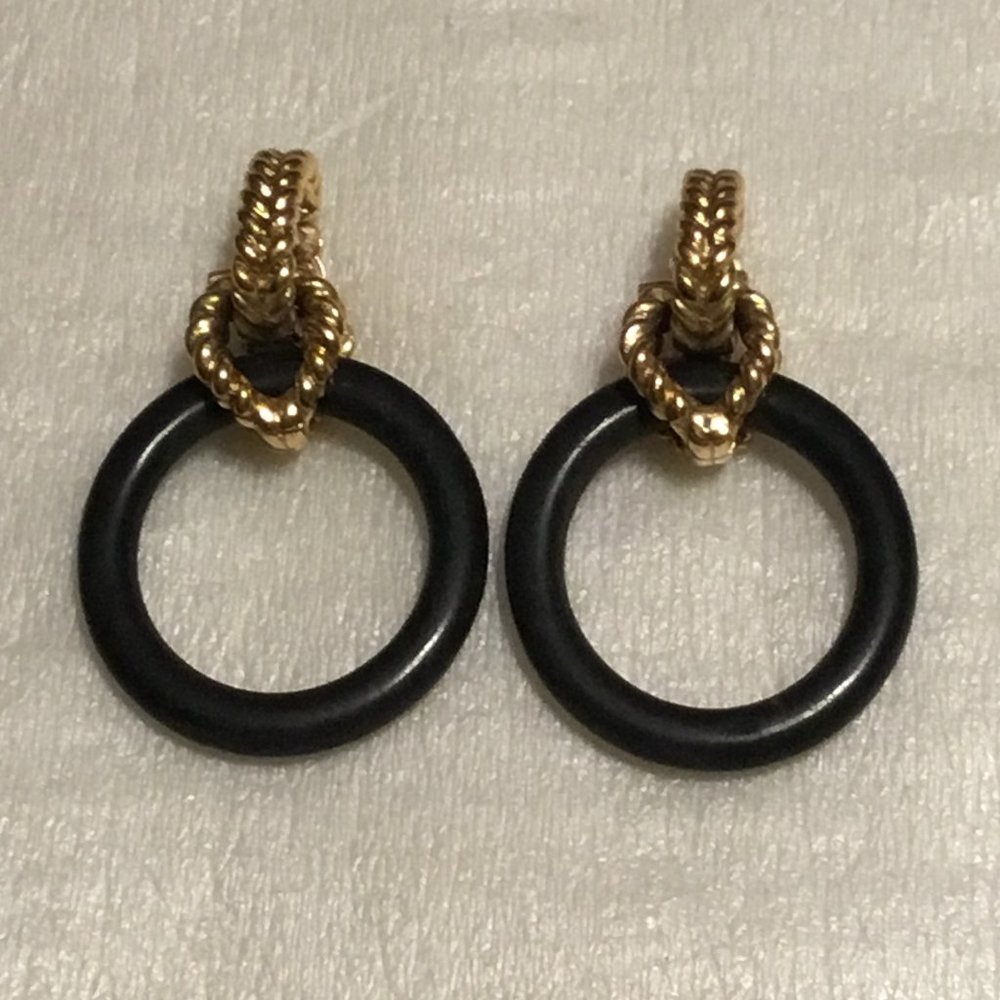 Vintage pair of Goossens Paris metal and wood clip on earrings - 1990s